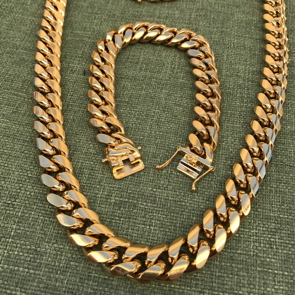 14mm 18k Stainless Steel Bracelet Chain Cuban Set - Picture 1 of 8